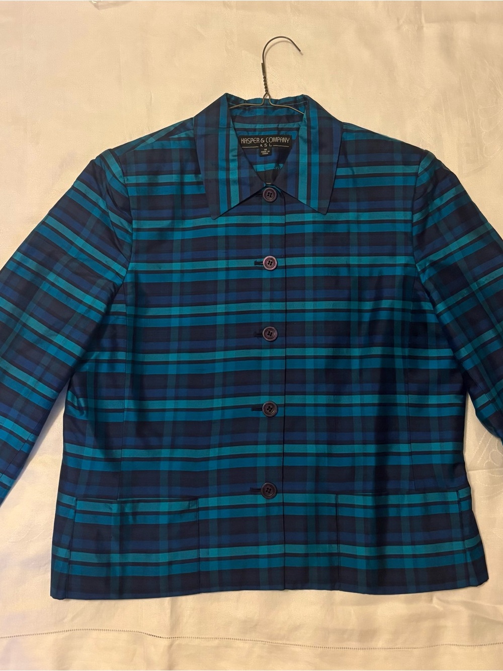 Versatile Silk Blue Plaid Button-Front Jacket